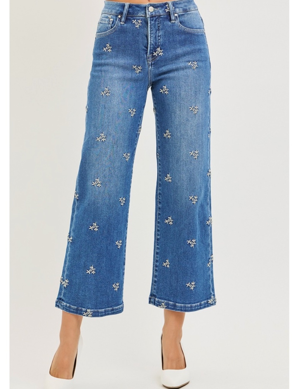 Risen Medium Wash Floral Embroidered Cropped Wide leg Denim jeans - Picture 7 of 7